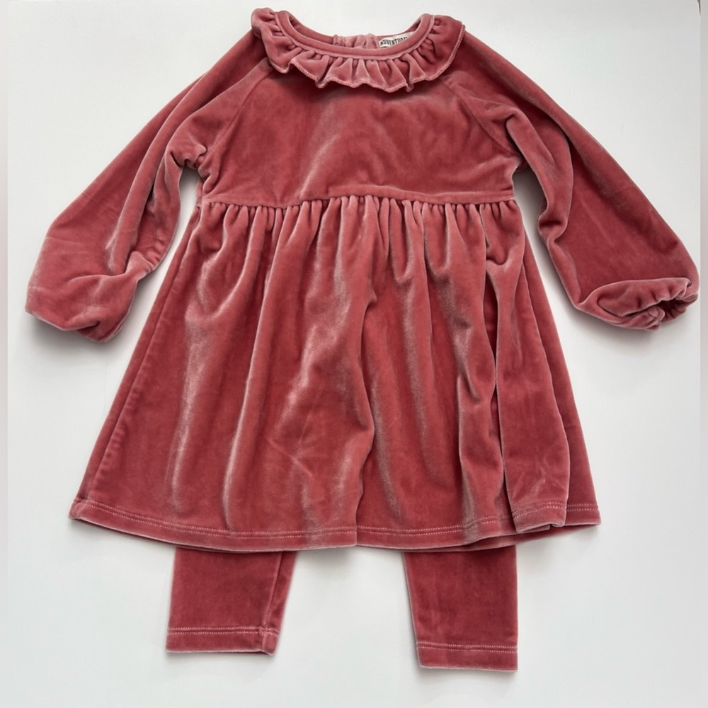 AdventureWear Girls Velvet Ruffle Dress & Leggings Set in Dusty Rose, Size 18 Mo
